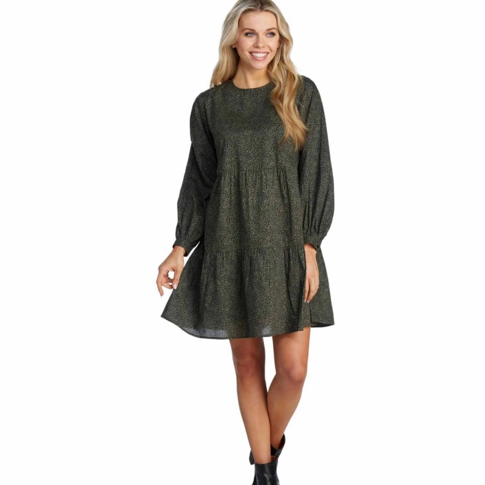 NWOT MUDPIE Winnie tiered prairie dress in olive dot, Size Small